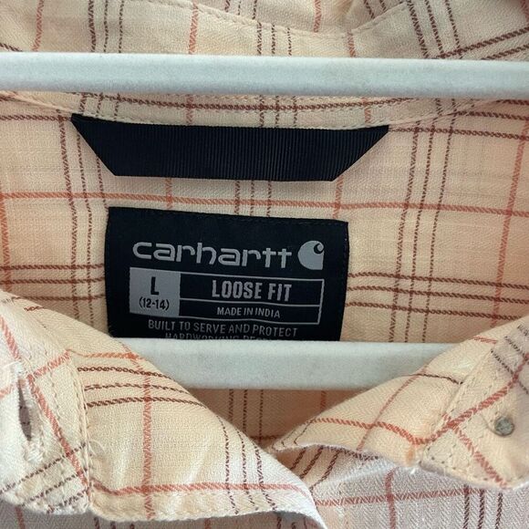 Carhartt Women’s Plaid Button Up Tunic Top Sz Large 12 14 Loose Fit Pockets - Picture 2 of 5